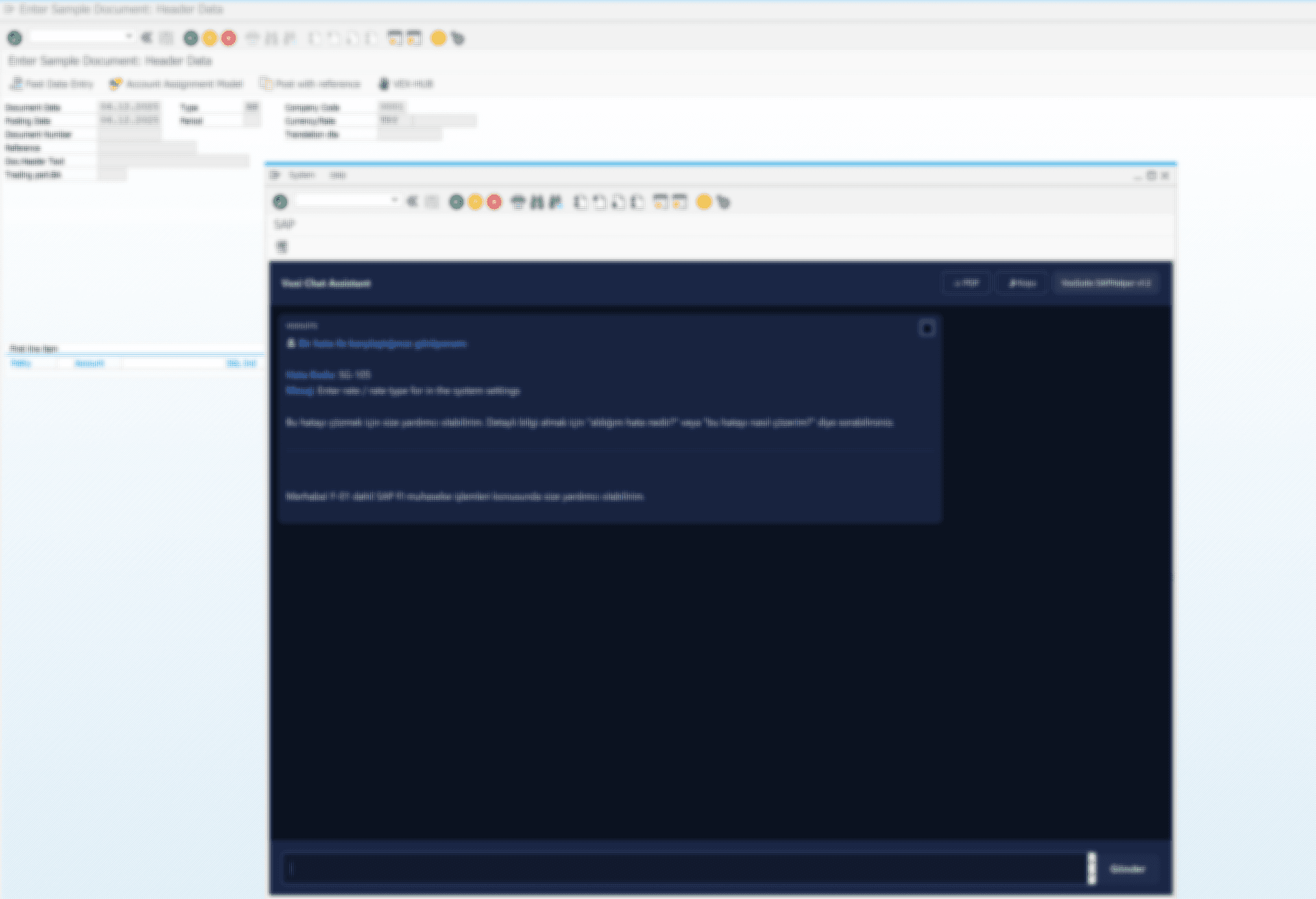 SAP GUI üzerinde çalışan yapay zeka destek asistanı ve hata çözümleme ekranı
