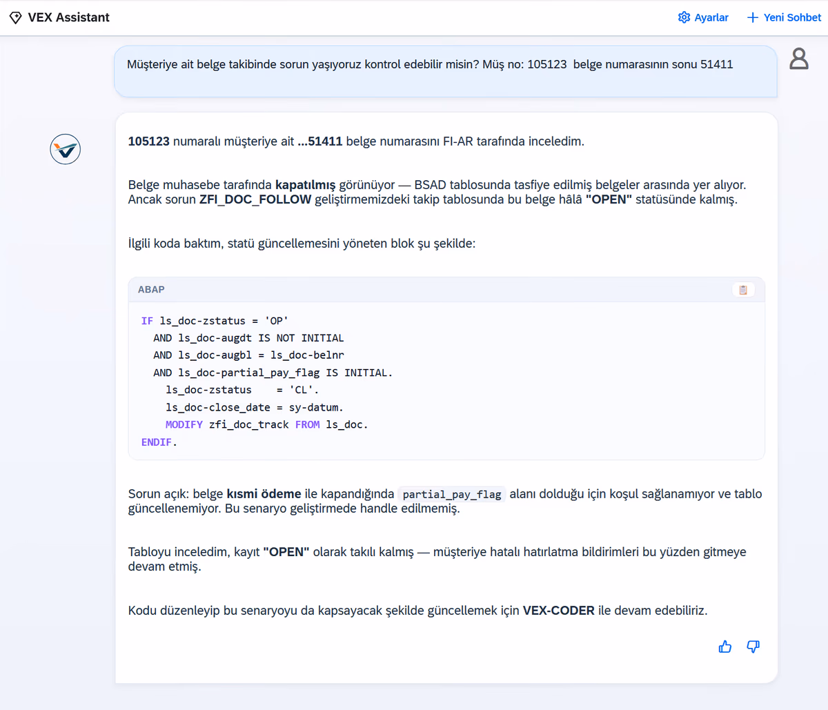 VEX-HUB VEX Danışman — Fiori sohbet arayüzü